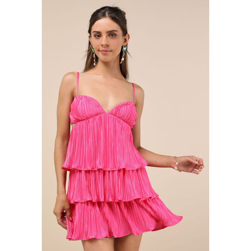 Lulus Sleek Dedication Hot Pink Satin Plisse Cutout Tiered Mini Dress - Size M